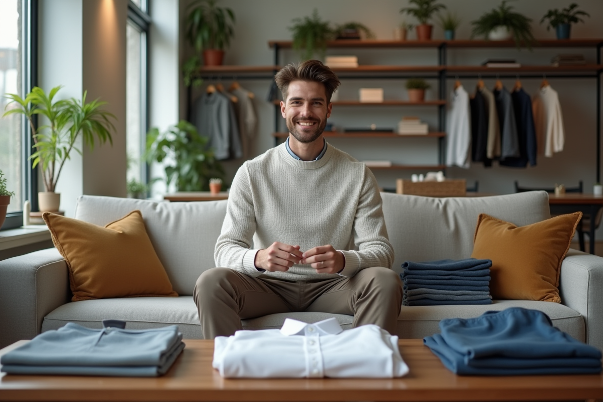 Jeune homme posant avec ses vêtements essentiels dans un salon lumineux