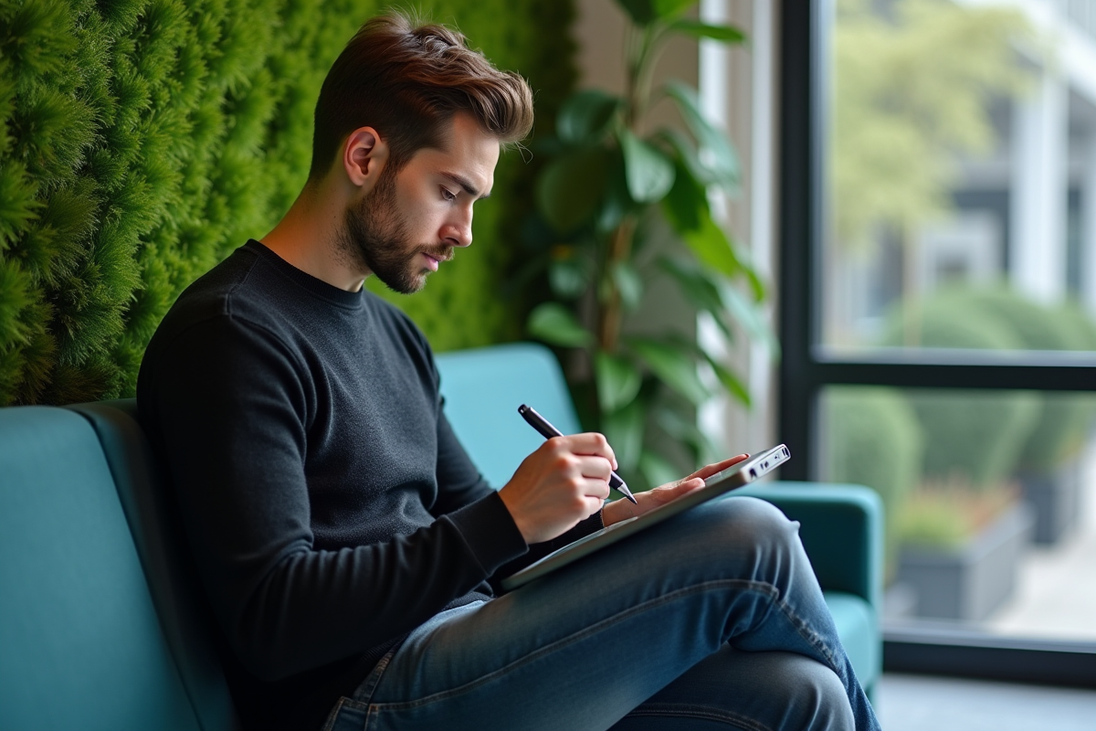 Jeune homme esquissant des idées sur une tablette numérique moderne