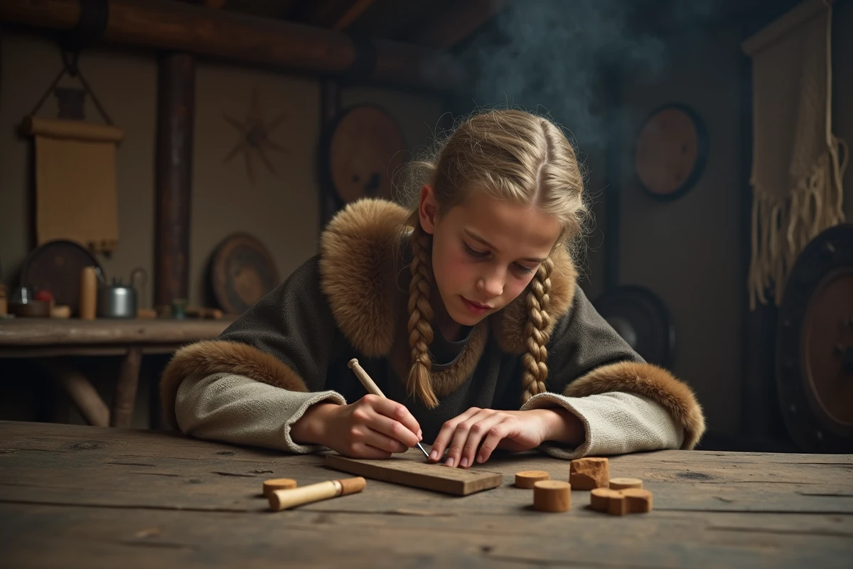 Jeune Viking sculptant dans une longhouse