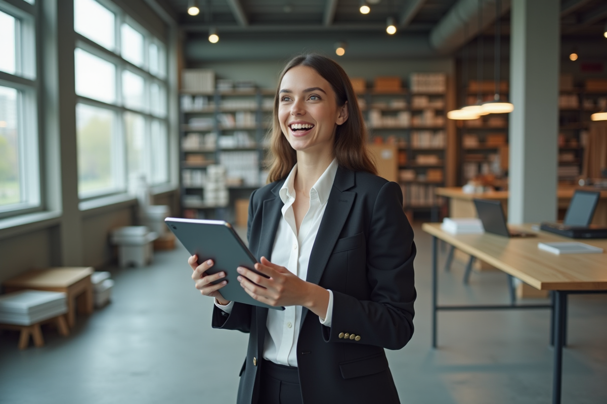 Jeune designer industriel dans un studio moderne avec tablette