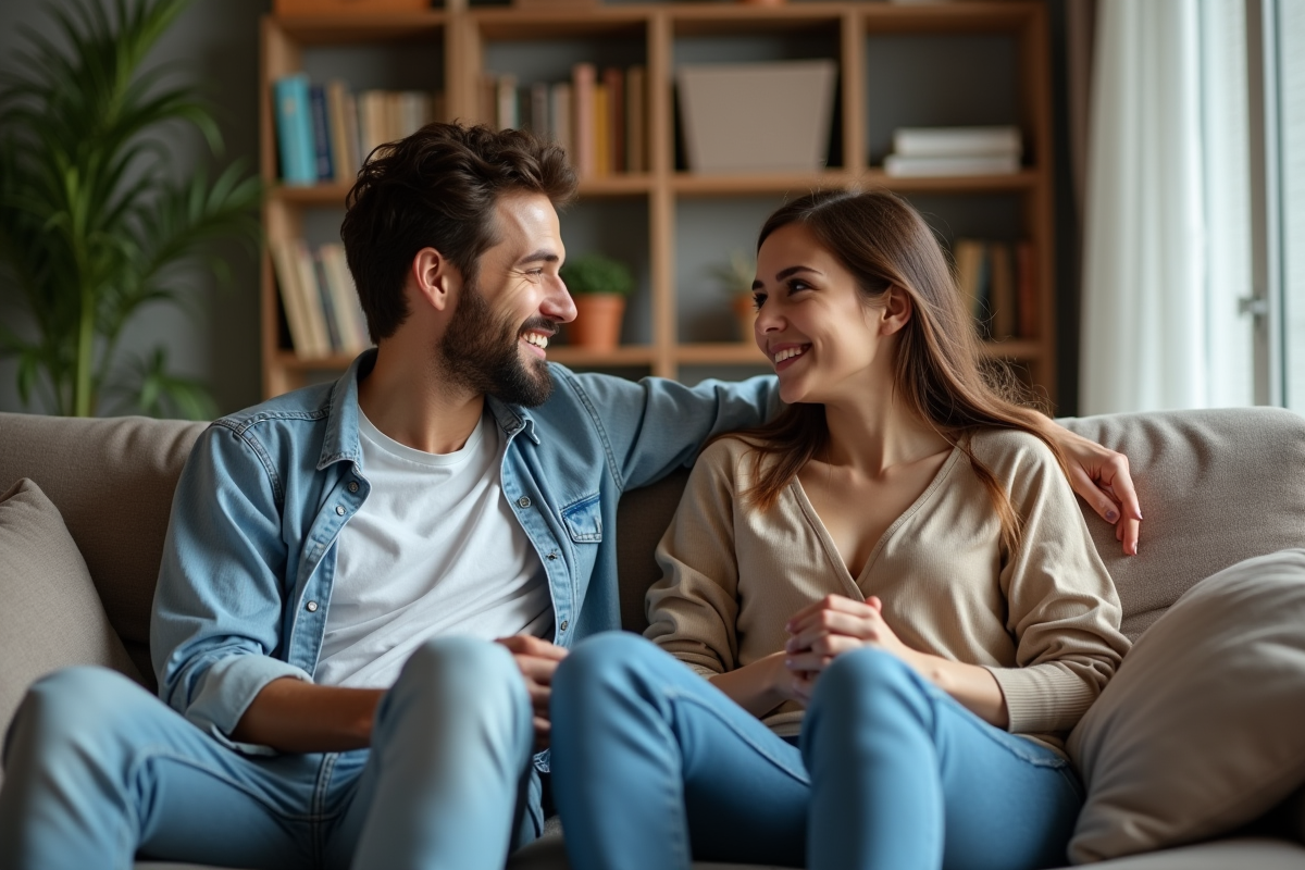 Jeunes adultes discutant sur un canapé dans un salon