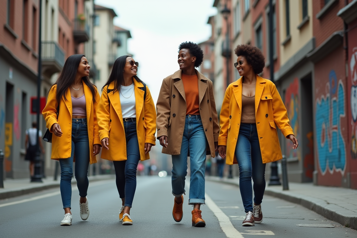 Groupe d amis en tenues modernes dans la rue urbaine