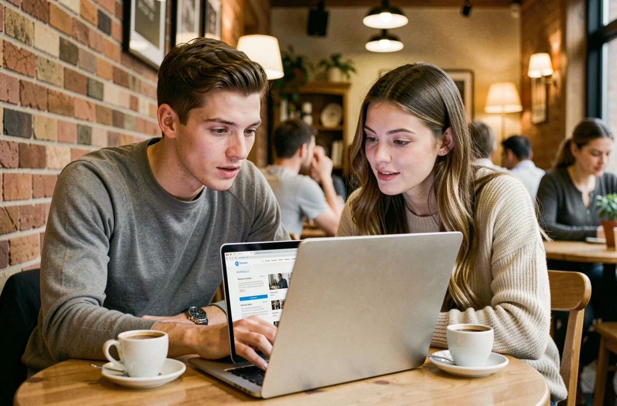 Deux jeunes adultes comparant des sites similaires à Xataf dans un café avec un ordinateur portable