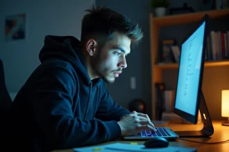 Joueur concentré entrant un code Ninja Time sur son ordinateur portable dans un bureau à domicile moderne