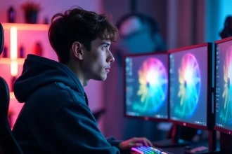 Joueur en hoodie devant un setup PC gamer ouvrant des cases sur Hellcase avec un code promo