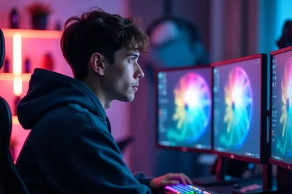 Joueur en hoodie devant un setup PC gamer ouvrant des cases sur Hellcase avec un code promo