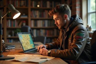 Joueur adulte consultant une carte de quêtes secondaires pour le RPG Clair Obscur Expedition 33 sur son bureau