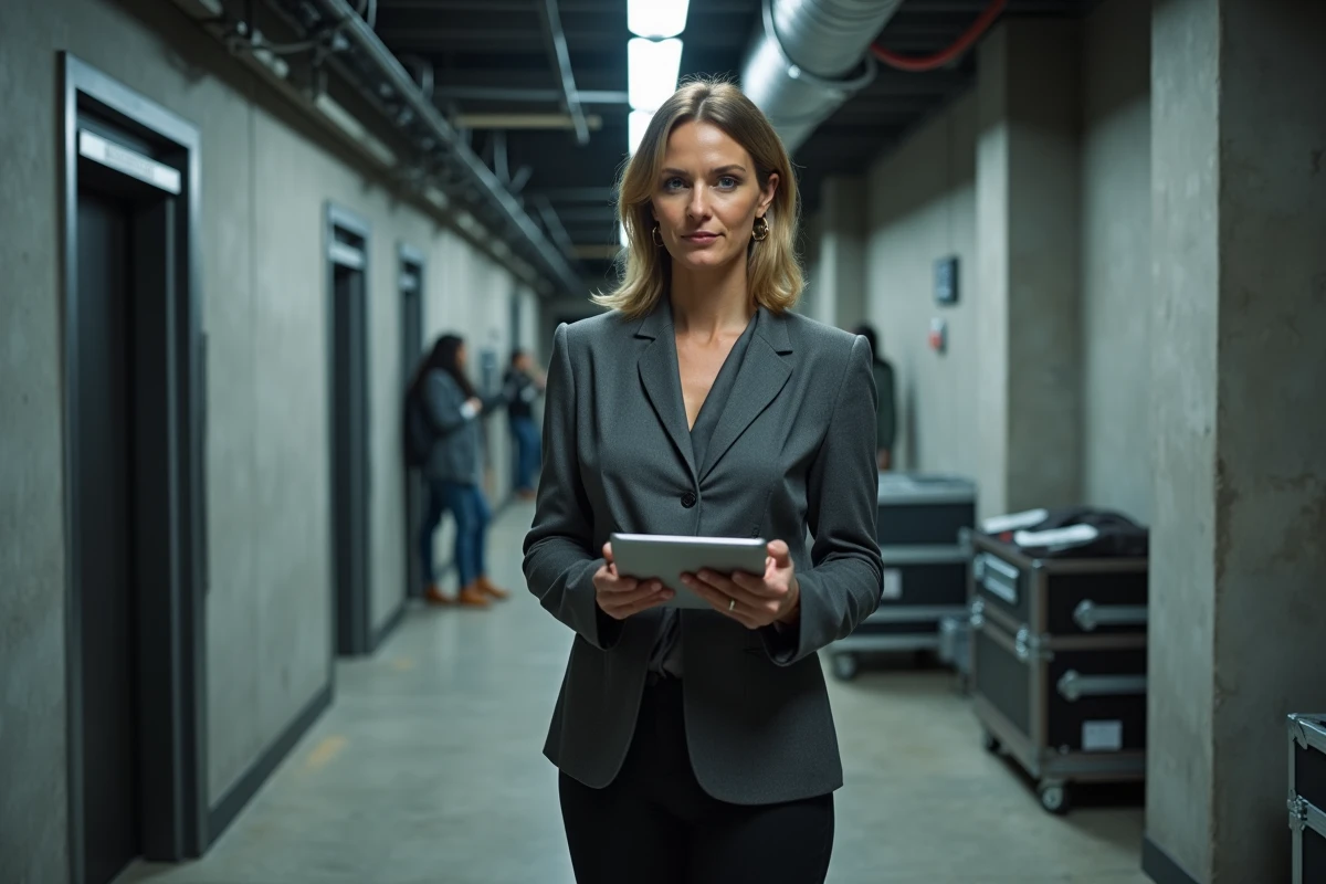 Journaliste experte en coulisses d'un studio de télévision consultant sa tablette avant un passage à l'antenne