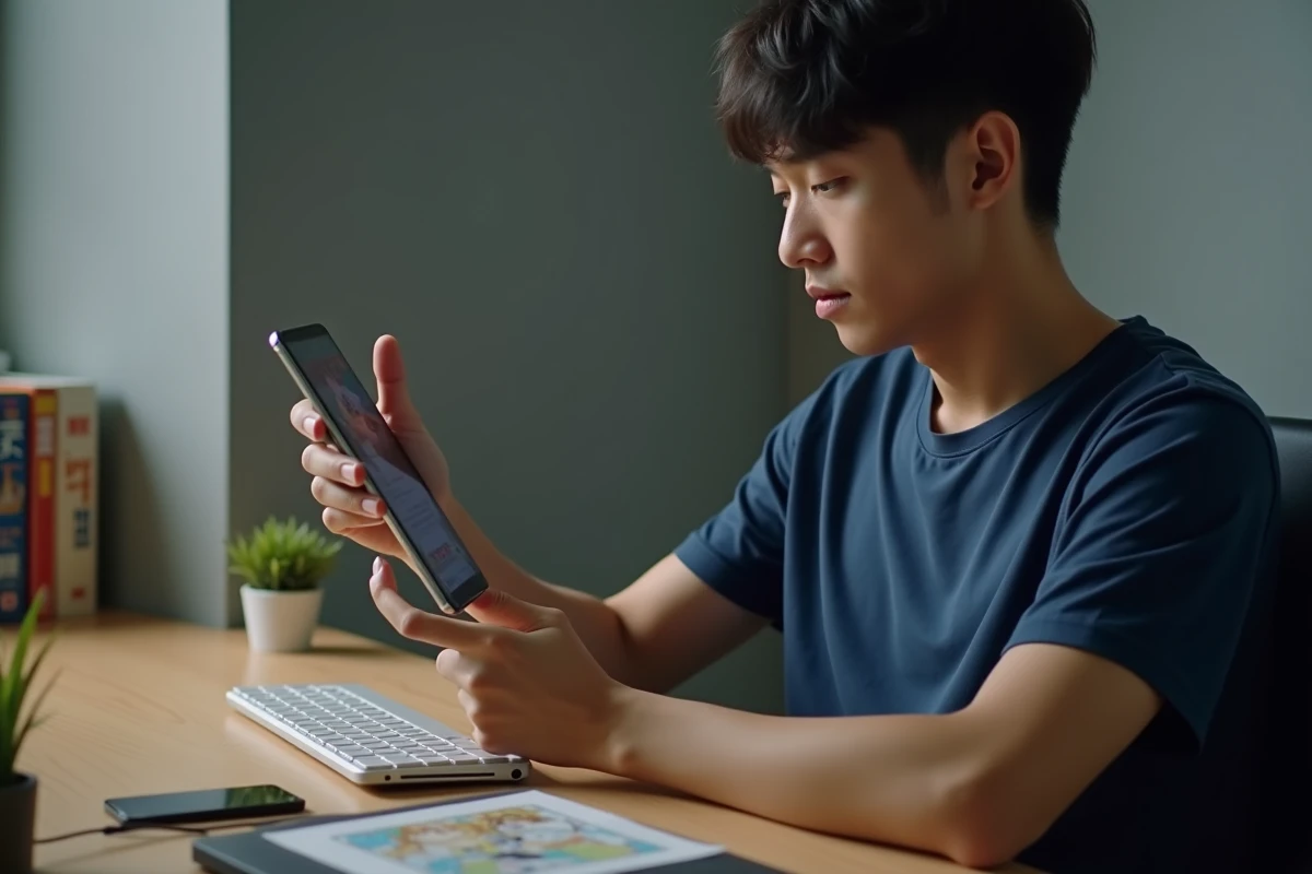 Homme parcourant un chapitre de manga sur application mobile à son bureau à domicile