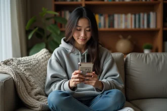 Jeune femme lisant un manga sur smartphone avec l'application Phénix Scan dans un salon cosy