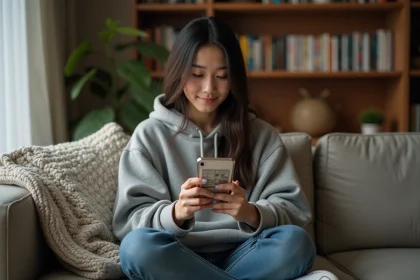 Jeune femme lisant un manga sur smartphone avec l'application Phénix Scan dans un salon cosy