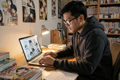 Jeune homme lisant un manga en version française sur un ordinateur portable, entouré de volumes manga sur un bureau en bois