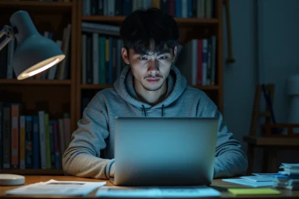 Jeune homme lisant des scans de manga sur un ordinateur portable dans un bureau à domicile entouré de livres et de documents
