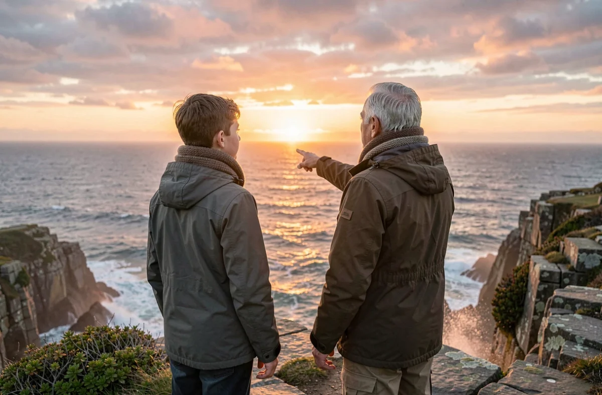 Grand-père et adolescent observant le lever du soleil à l'est depuis une falaise côtière, apprenant les points cardinaux ensemble
