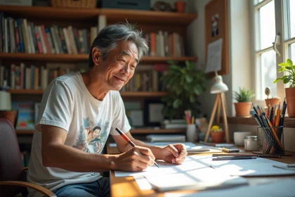 Illustration d'un mangaka japonais en studio créatif