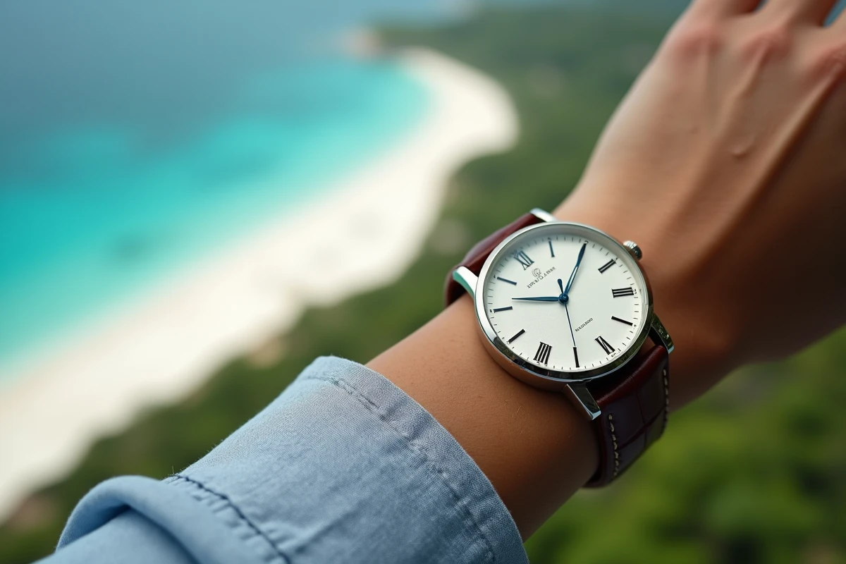 Gros plan d'une montre analogique portée devant le lagon de Nouvelle-Calédonie illustrant le fuseau horaire local