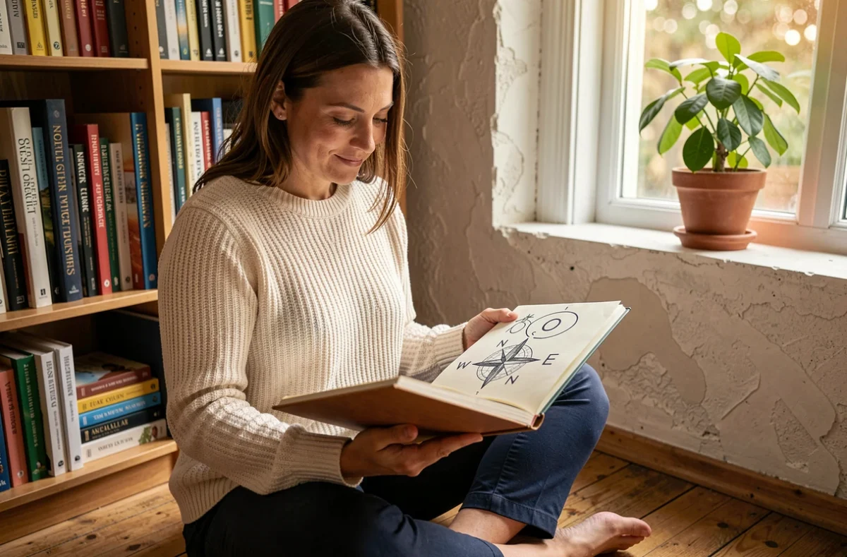 Femme étudiant un moyen mnémotechnique sur les points cardinaux avec un carnet illustré de boussole et directions