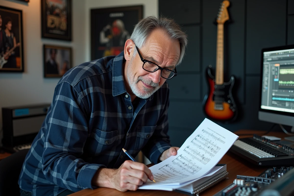 Musicien expérimenté comparant une tablature imprimée et une partition écrite à la main dans un studio d'enregistrement