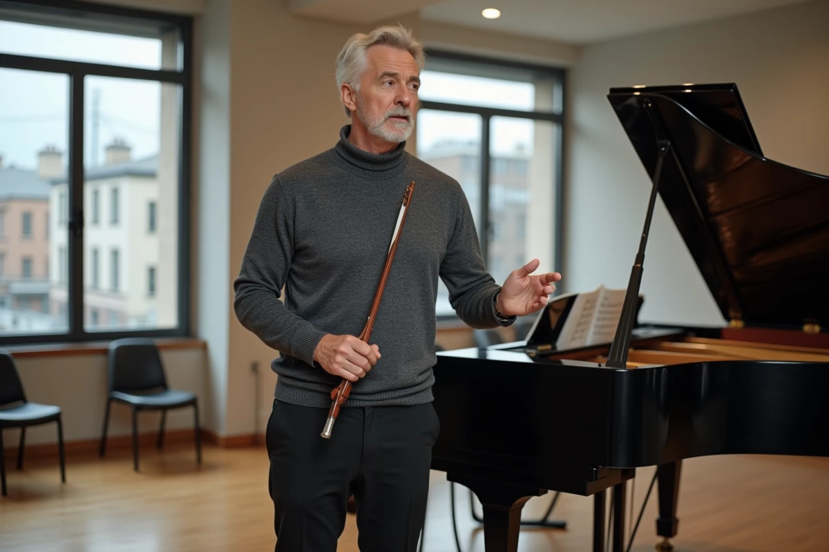 Musicien classique en pull col roulé gris debout près d'un piano à queue dans un studio de répétition lumineux, discutant de son art avec naturel et assurance