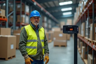 Ouvrier d'entrepôt pesant des marchandises sur une balance industrielle en kilogrammes