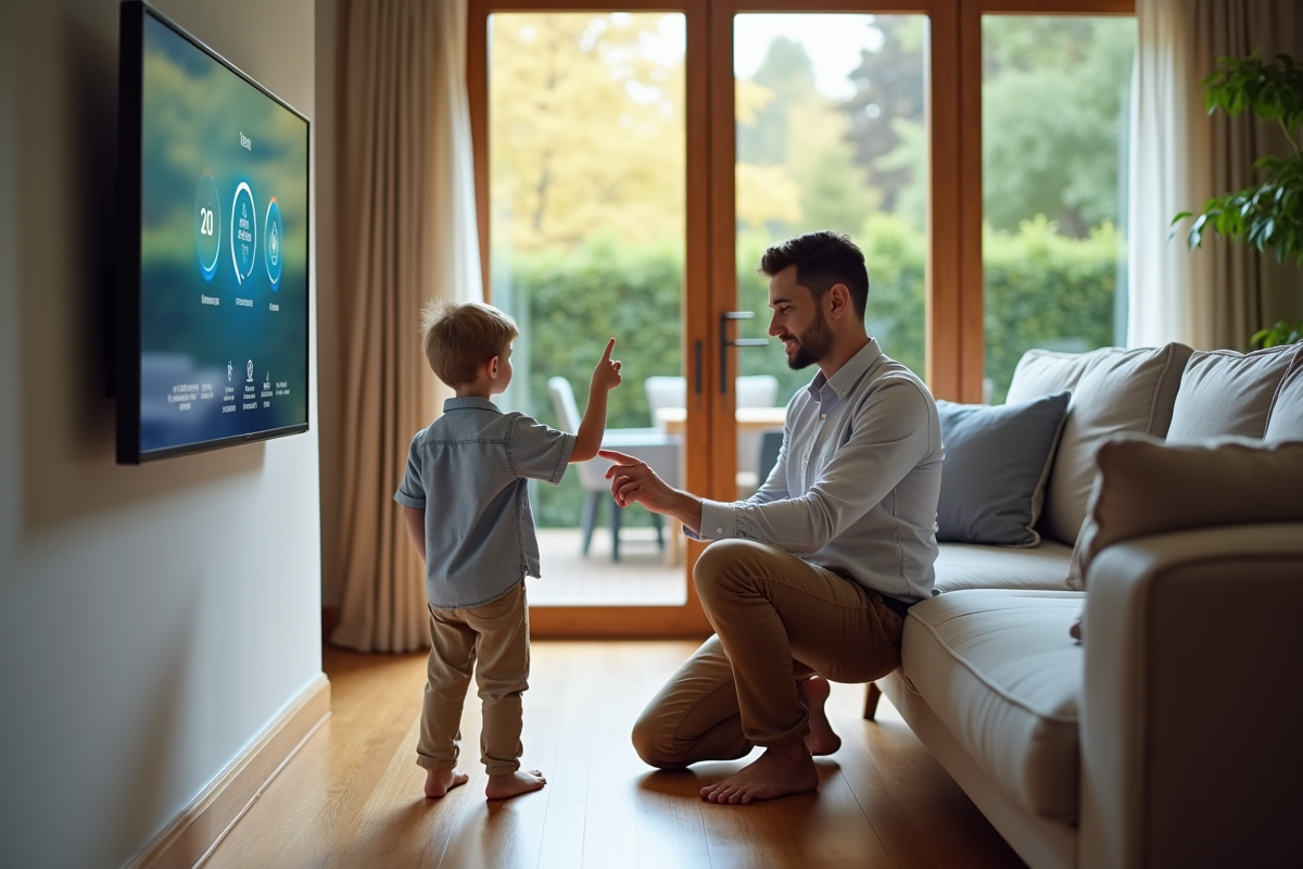 Père et son fils interagissant avec un panneau de contrôle domotique