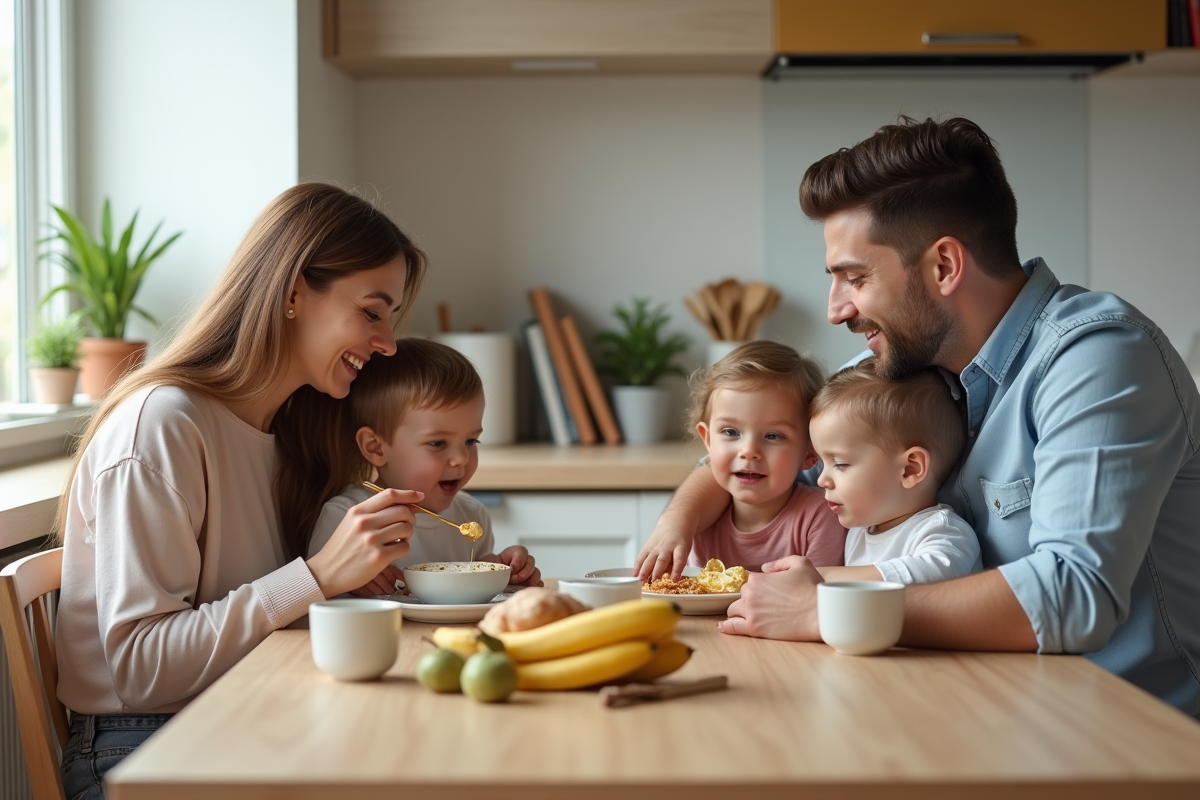 Parents et enfants partageant un petit déjeuner convivial