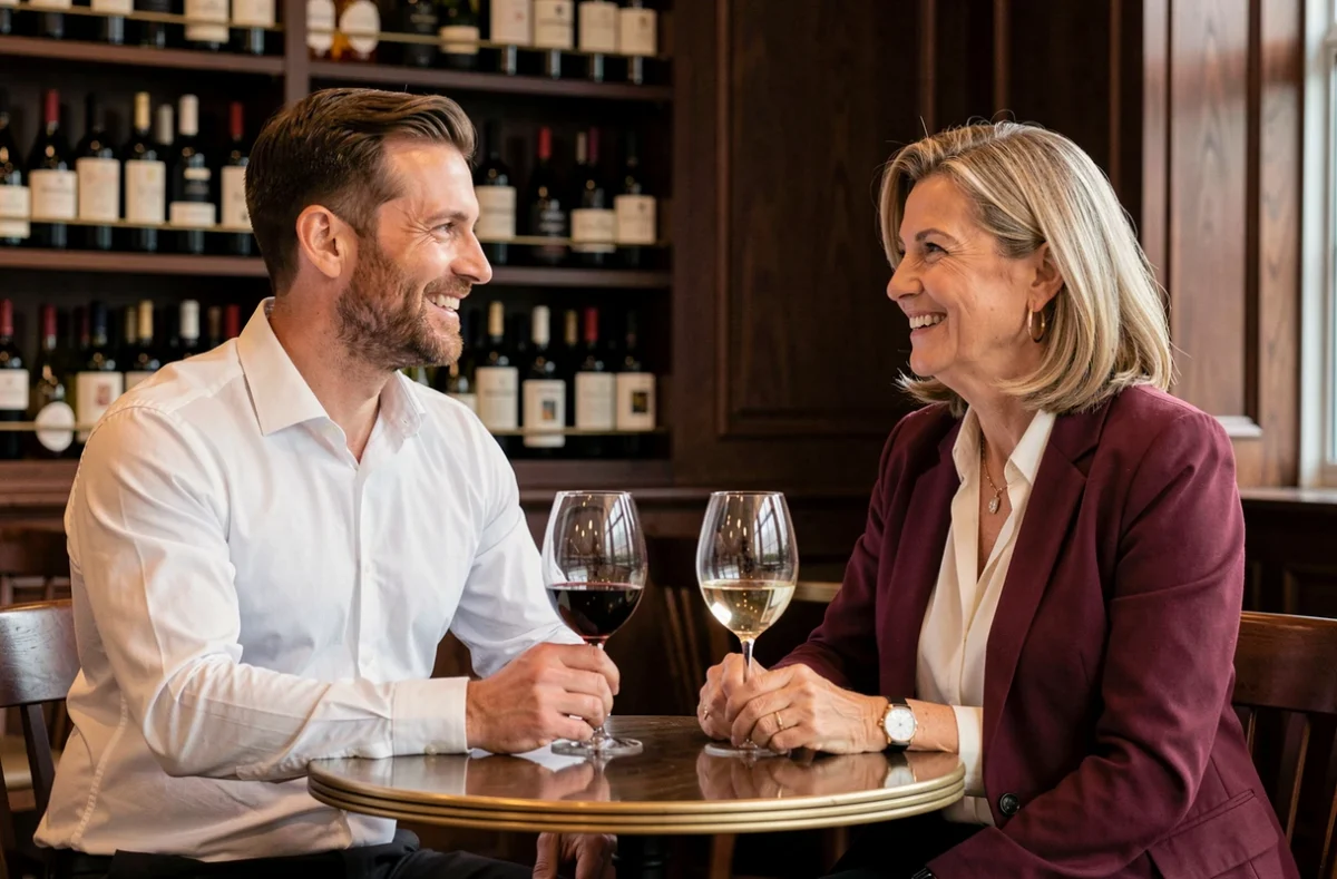Premier rendez-vous entre une femme mature et un homme plus jeune dans un bar à vins élégant
