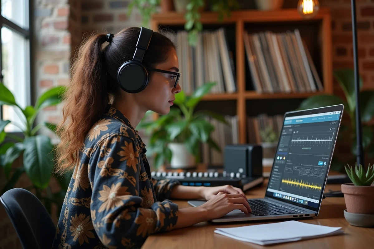 Jeune femme productrice musique dans un loft créatif
