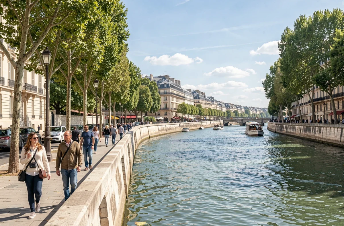 Promeneurs sur les quais de la Seine à Paris