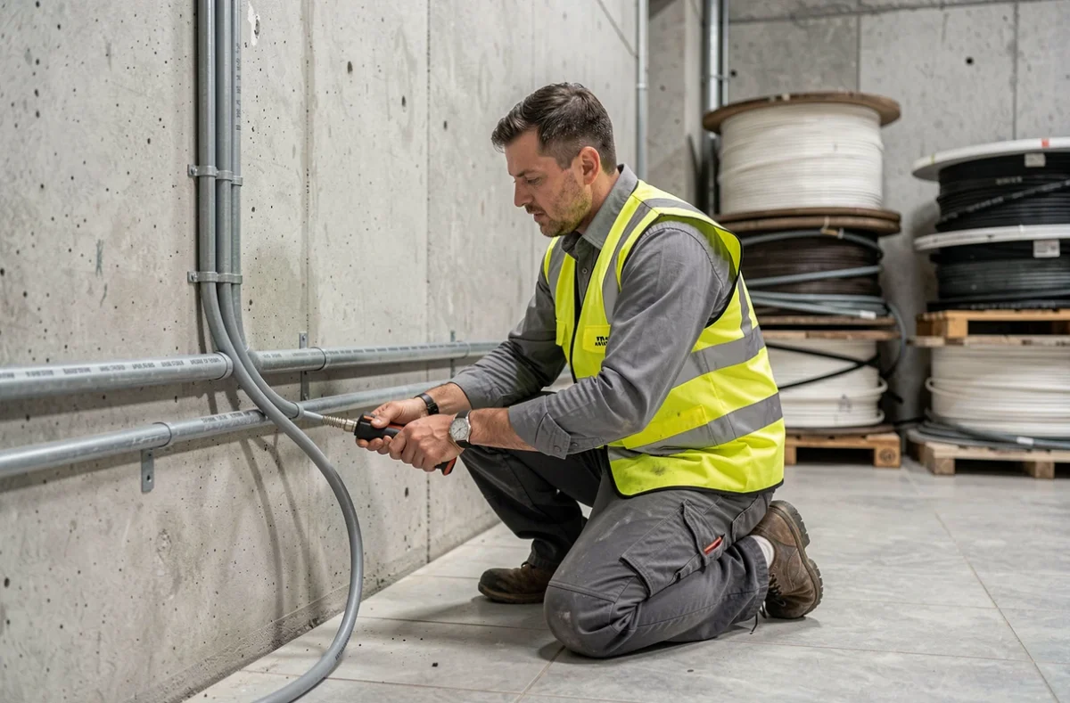 Électricien de PYMELEC posant des conduits électriques dans un bâtiment à Riorges