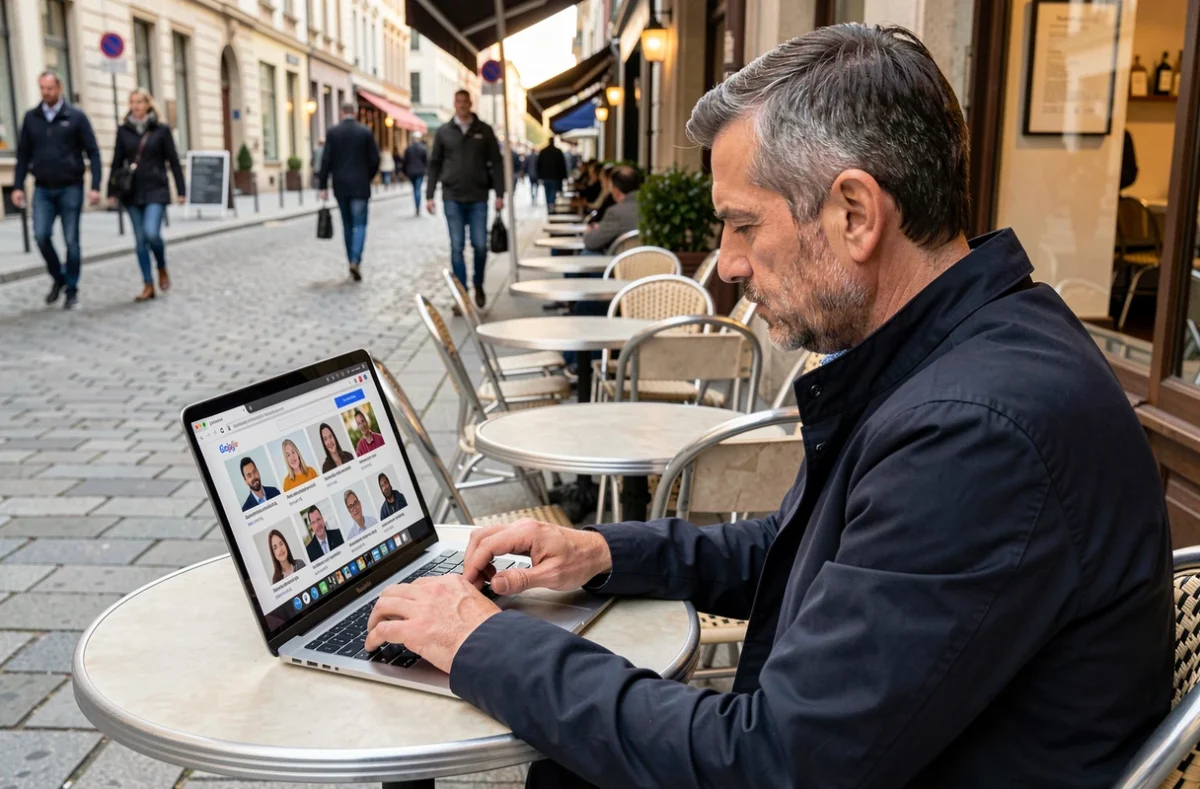 Homme recherchant une personne à partir d'une photo en utilisant un moteur de recherche inversé sur un ordinateur portable dans un café