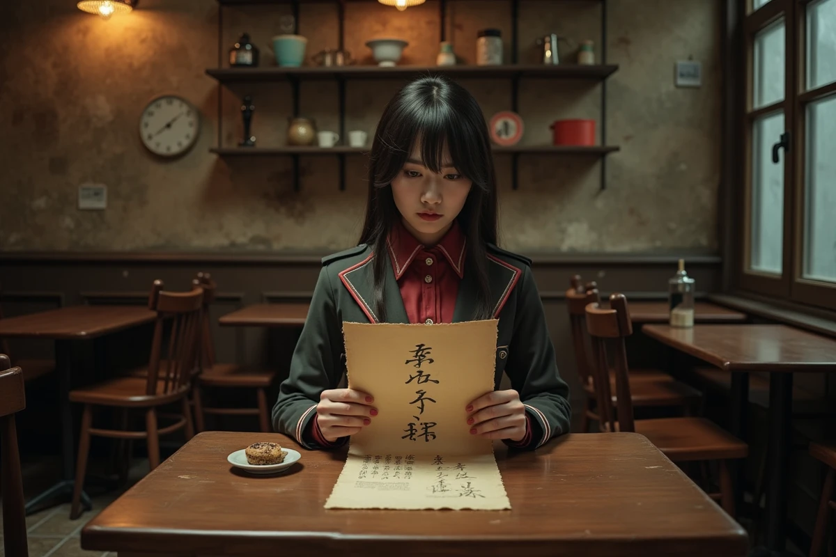 Jeune femme en costume inspiré de Hunter x Hunter lisant un parchemin de recrutement de la Brigade Fantôme dans un café vintage