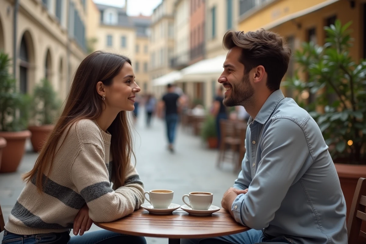 Un couple en première rencontre partage un café en terrasse sur une place de Cholet dans une ambiance détendue et conviviale