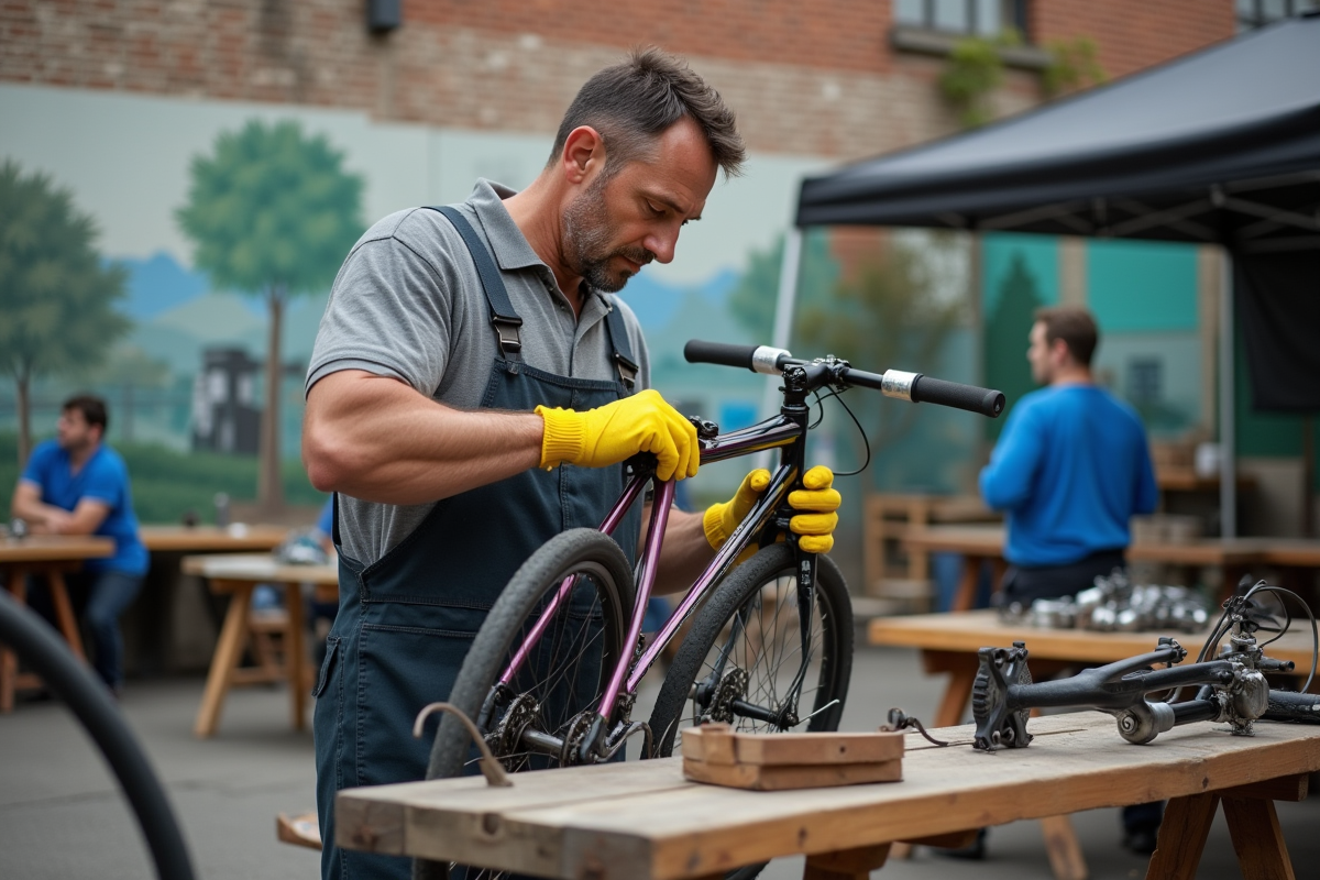 Homme réparant un vélo dans un atelier communautaire