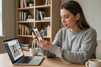 Femme utilisant son smartphone pour effectuer une recherche par image afin de retrouver une personne gratuitement