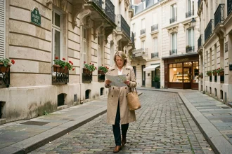 Femme se promenant dans une rue calme et résidentielle de Paris avec des immeubles haussmanniens et des pavés