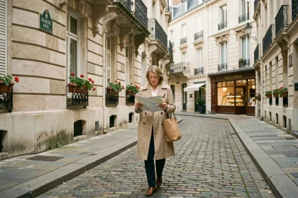 Femme se promenant dans une rue calme et résidentielle de Paris avec des immeubles haussmanniens et des pavés