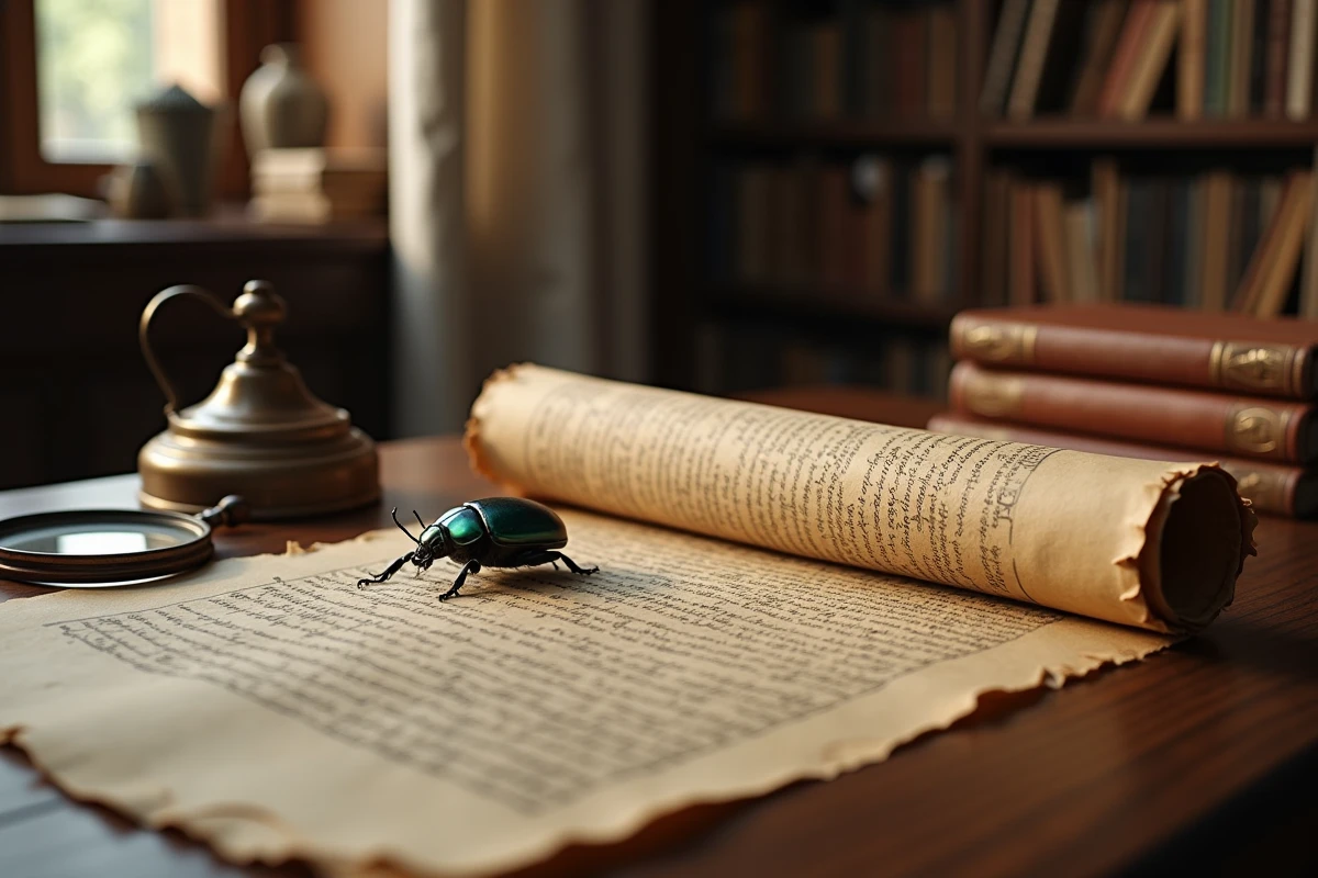 Scarabée vivant sur un papyrus ancien entouré de livres d'archéologie et d'une loupe vintage, guide du symbolisme spirituel
