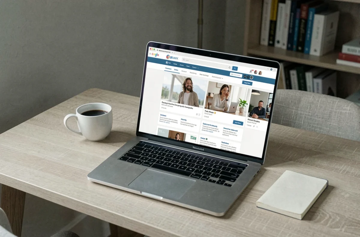 Ordinateur portable ouvert sur un site de rencontre pour femmes matures posé sur un bureau à domicile