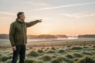 Homme pointant vers l'est au lever du soleil dans un paysage de campagne, illustrant le point cardinal du soleil levant