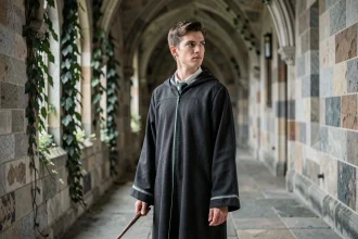 Jeune sorcier en robe de Poudlard tenant une baguette dans un couloir de château en pierre, ambiance mystérieuse inspirée de l'univers Harry Potter et des dragons cachés