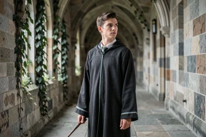 Jeune sorcier en robe de Poudlard tenant une baguette dans un couloir de château en pierre, ambiance mystérieuse inspirée de l'univers Harry Potter et des dragons cachés