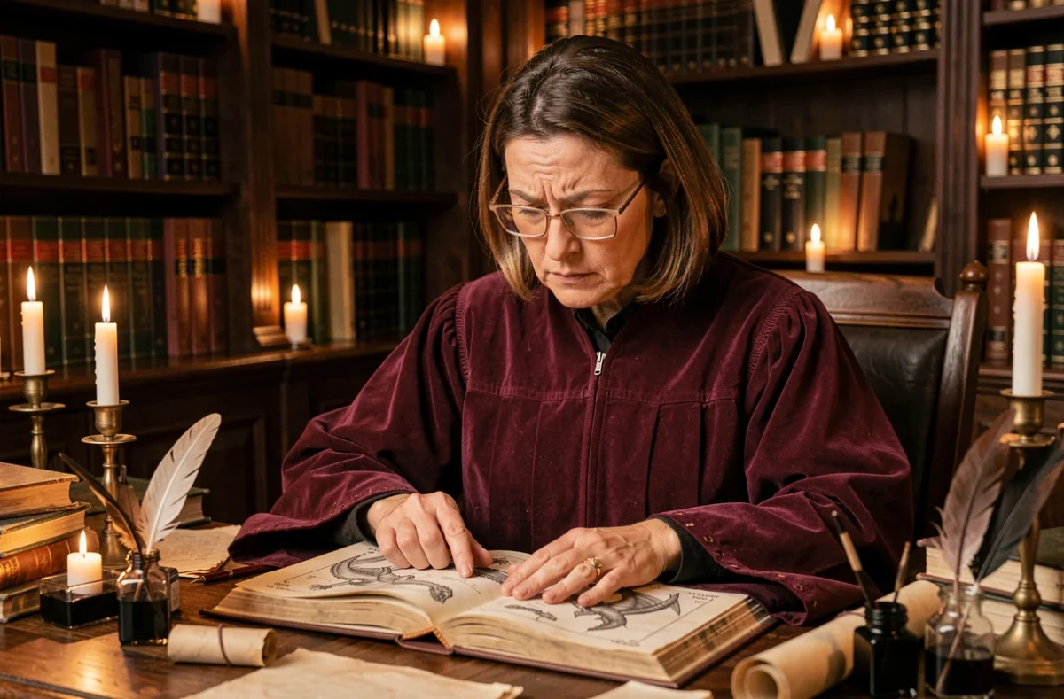 Sorcière érudite en robe bordeaux étudiant un livre illustré sur les dragons dans une bibliothèque magique aux étagères de livres anciens, personnage mystérieux de l'univers Harry Potter