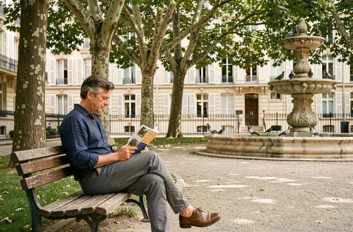 Homme lisant un guide dans un square arboré et calme d'un arrondissement parisien