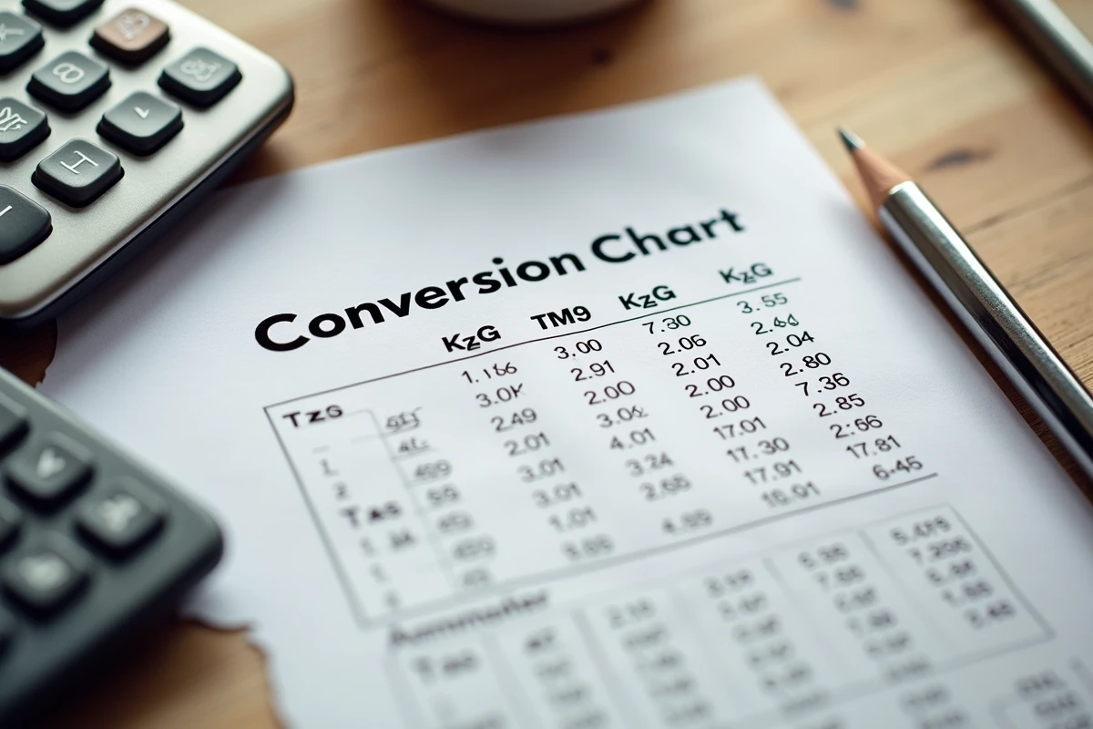 Tableau de conversion imprimé entre kilogrammes, tonnes métriques et tonnes courtes posé sur un bureau en bois