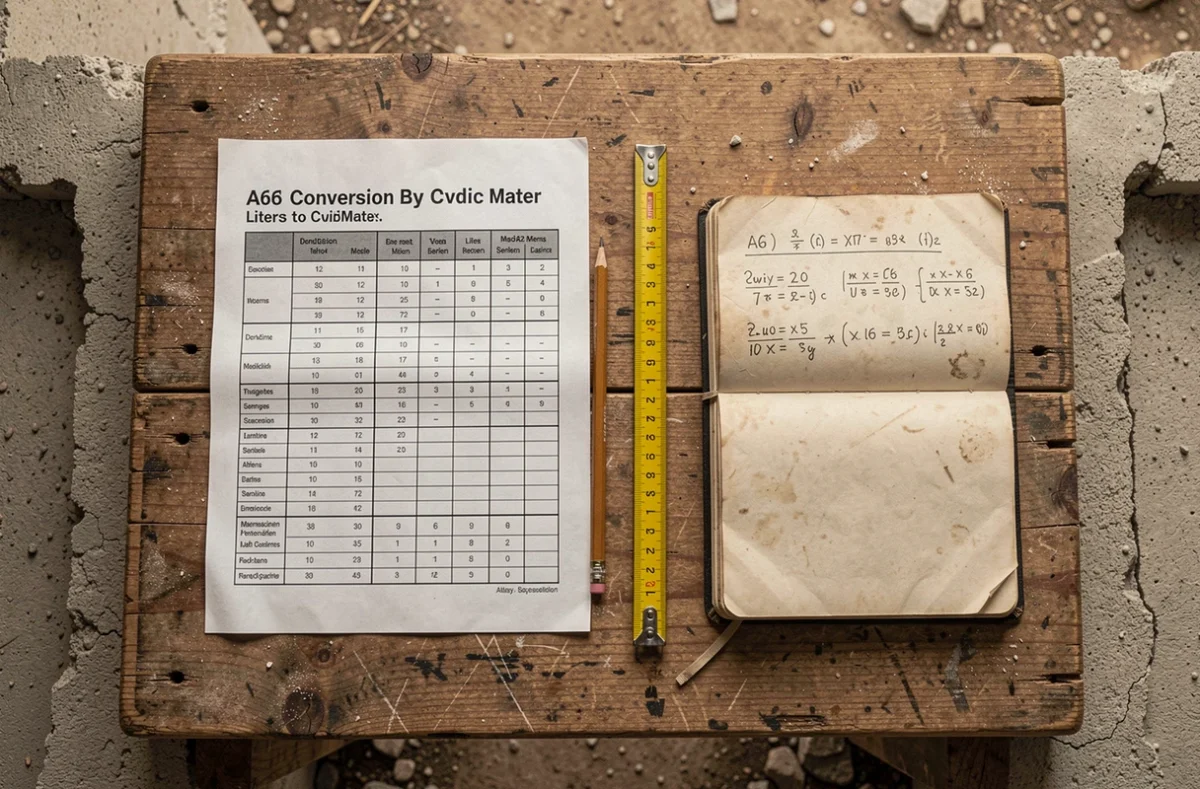 Tableau de conversion litres mètres cubes imprimé sur chantier avec mètre ruban et carnet de calculs