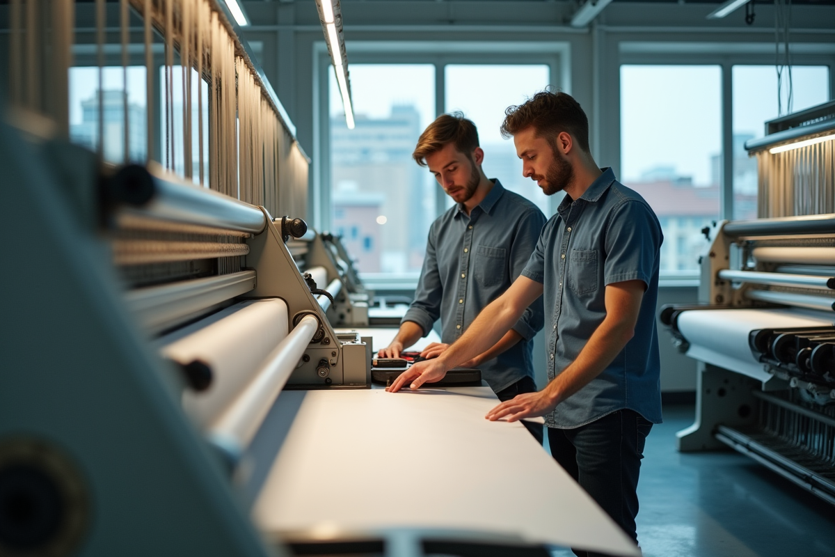 Deux techniciens jeunes collaborent sur une machine à tisser innovante