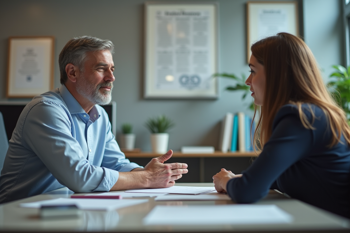 Travailleur social parlant avec une jeune femme dans un bureau