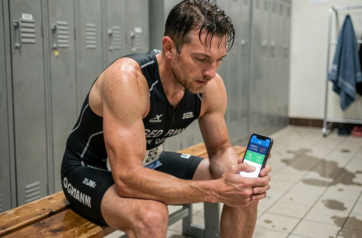 Triathlète masculin dans un vestiaire consultant une application de conversion de vitesse sportive en km/h et mph sur smartphone