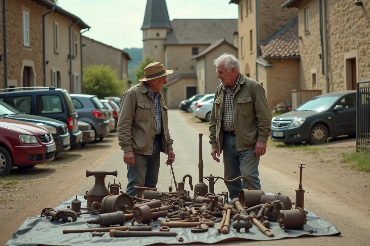 Deux hommes négociant le prix d'outils anciens lors d'un vide-grenier en Aveyron